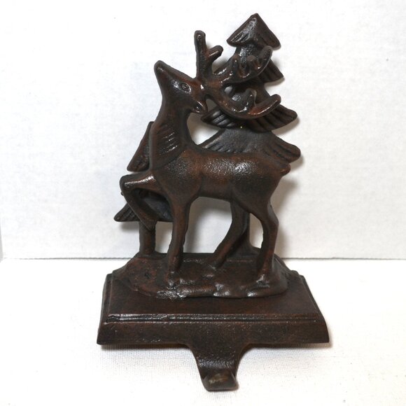 Cast Metal Stocking Holder Reindeer With Pine Tree Christmas Decor - Picture 1 of 2